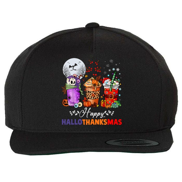 Happy Hallothanksmas Coffee Latte Halloween Thanksgiving Wool Snapback Cap