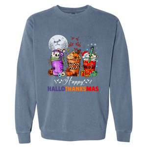 Happy Hallothanksmas Coffee Latte Halloween Thanksgiving Garment-Dyed Sweatshirt