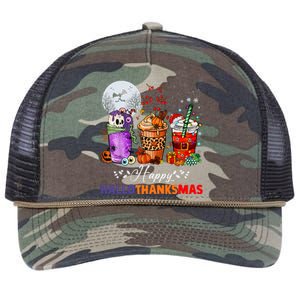 Happy Hallothanksmas Coffee Latte Halloween Thanksgiving Retro Rope Trucker Hat Cap