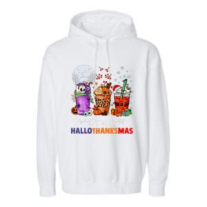 Happy Hallothanksmas Coffee Latte Halloween Thanksgiving Garment-Dyed Fleece Hoodie