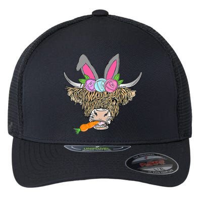 Heifer Highland Cow With Bunny Happy Easter Flexfit Unipanel Trucker Cap