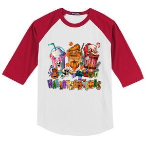 Happy Hallothanksmas Coffee Latte Halloween Thanksgiving Kids Colorblock Raglan Jersey