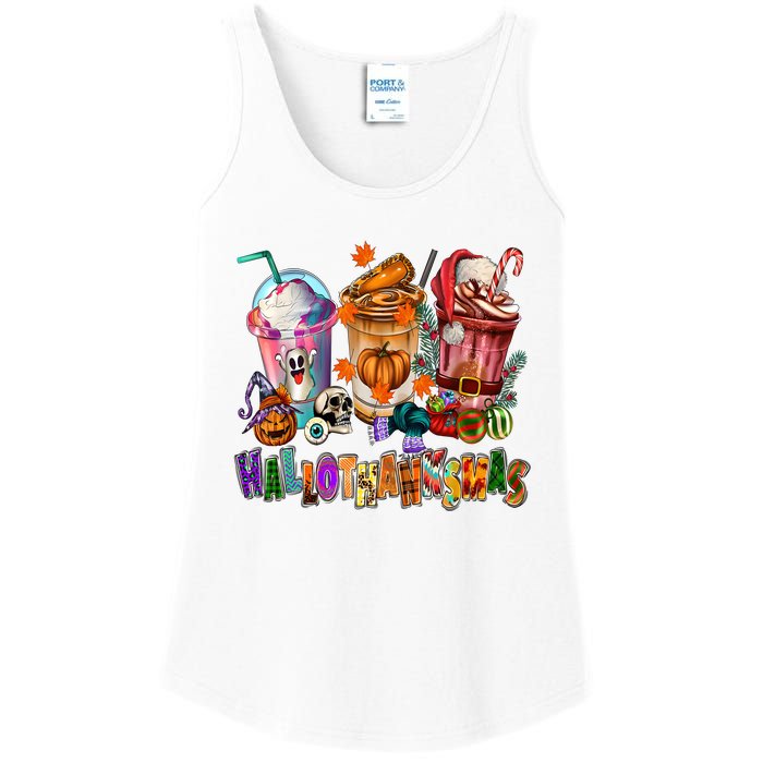 Happy Hallothanksmas Coffee Latte Halloween Thanksgiving Ladies Essential Tank