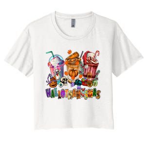 Happy Hallothanksmas Coffee Latte Halloween Thanksgiving Women's Crop Top Tee