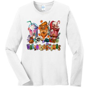 Happy Hallothanksmas Coffee Latte Halloween Thanksgiving Ladies Long Sleeve Shirt