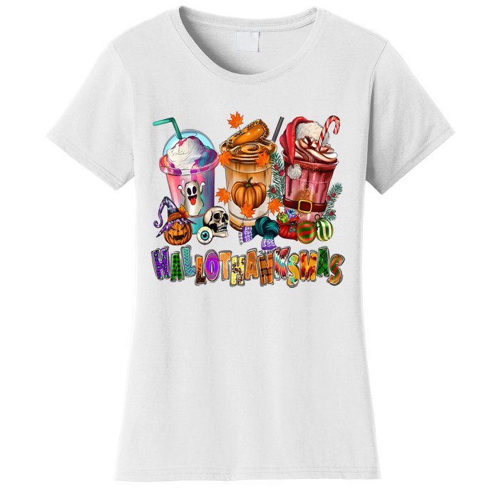 Happy Hallothanksmas Coffee Latte Halloween Thanksgiving Women's T-Shirt