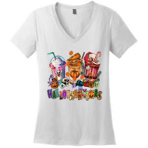 Happy Hallothanksmas Coffee Latte Halloween Thanksgiving Women's V-Neck T-Shirt