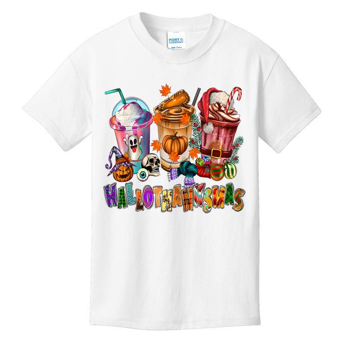 Happy Hallothanksmas Coffee Latte Halloween Thanksgiving Kids T-Shirt