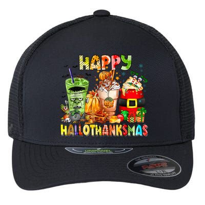 Happy Hallothanksmas Coffee Halloween Thanksgiving Christmas Flexfit Unipanel Trucker Cap