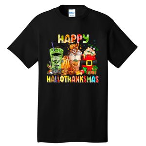 Happy Hallothanksmas Coffee Halloween Thanksgiving Christmas Tall T-Shirt