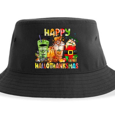 Happy Hallothanksmas Coffee Halloween Thanksgiving Christmas Sustainable Bucket Hat