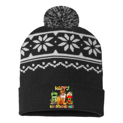 Happy Hallothanksmas Coffee Halloween Thanksgiving Christmas USA-Made Snowflake Beanie