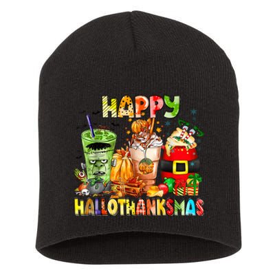 Happy Hallothanksmas Coffee Halloween Thanksgiving Christmas Short Acrylic Beanie