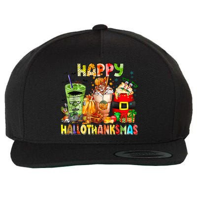 Happy Hallothanksmas Coffee Halloween Thanksgiving Christmas Wool Snapback Cap