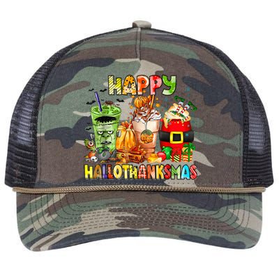 Happy Hallothanksmas Coffee Halloween Thanksgiving Christmas Retro Rope Trucker Hat Cap