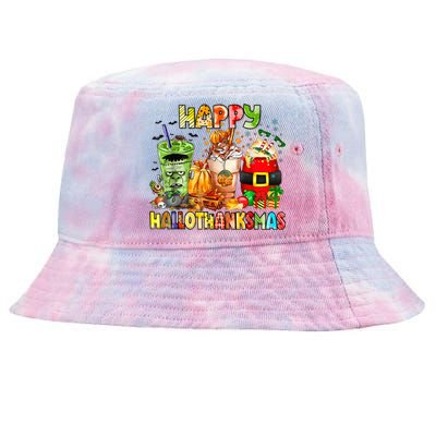 Happy Hallothanksmas Coffee Halloween Thanksgiving Christmas Tie-Dyed Bucket Hat