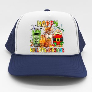 Happy Hallothanksmas Coffee Halloween Thanksgiving Christmas Trucker Hat