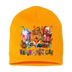 Happy Hallothanksmas Coffee Latte Halloween Thanksgiving Short Acrylic Beanie