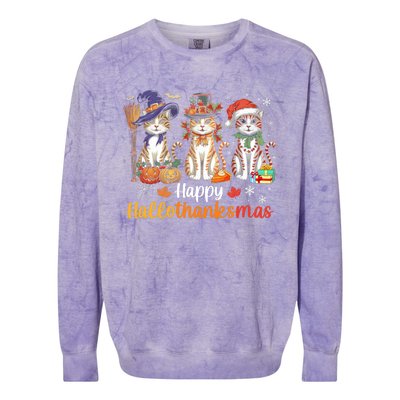 Happy Hallothanksmas Cats Halloween Thanksgiving Christmas Colorblast Crewneck Sweatshirt