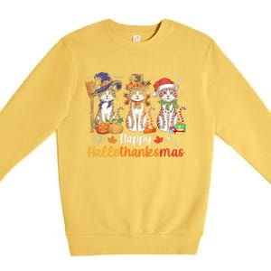 Happy Hallothanksmas Cats Halloween Thanksgiving Christmas Premium Crewneck Sweatshirt