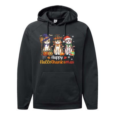 Happy Hallothanksmas Cats Halloween Thanksgiving Christmas Performance Fleece Hoodie