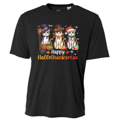 Happy Hallothanksmas Cats Halloween Thanksgiving Christmas Cooling Performance Crew T-Shirt