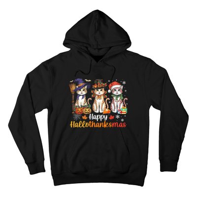 Happy Hallothanksmas Cats Halloween Thanksgiving Christmas Hoodie