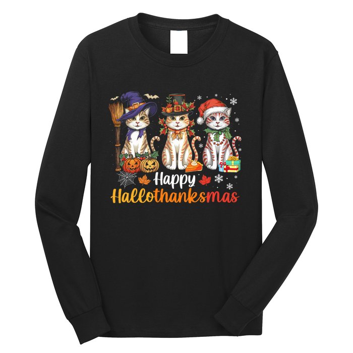 Happy Hallothanksmas Cats Halloween Thanksgiving Christmas Long Sleeve Shirt