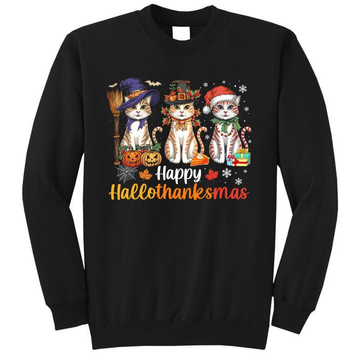 Happy Hallothanksmas Cats Halloween Thanksgiving Christmas Sweatshirt