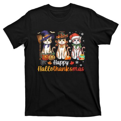 Happy Hallothanksmas Cats Halloween Thanksgiving Christmas T-Shirt