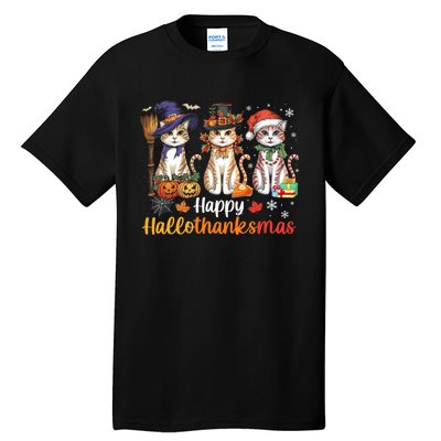 Happy Hallothanksmas Cats Halloween Thanksgiving Christmas Tall T-Shirt