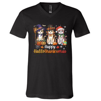 Happy Hallothanksmas Cats Halloween Thanksgiving Christmas V-Neck T-Shirt