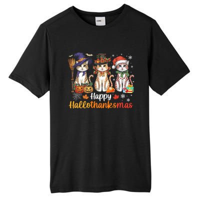 Happy Hallothanksmas Cats Halloween Thanksgiving Christmas Tall Fusion ChromaSoft Performance T-Shirt