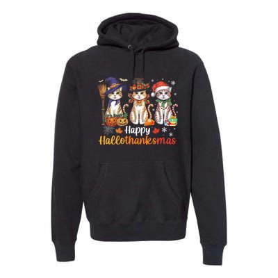 Happy Hallothanksmas Cats Halloween Thanksgiving Christmas Premium Hoodie