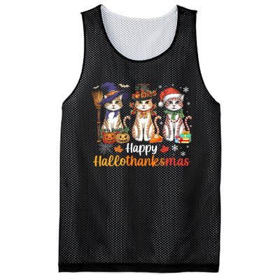 Happy Hallothanksmas Cats Halloween Thanksgiving Christmas Mesh Reversible Basketball Jersey Tank