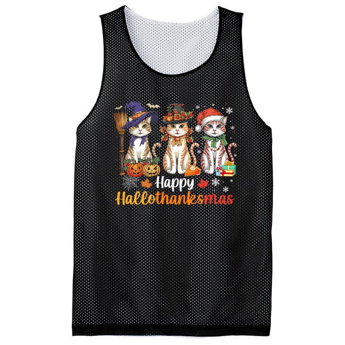 Happy Hallothanksmas Cats Halloween Thanksgiving Christmas Mesh Reversible Basketball Jersey Tank