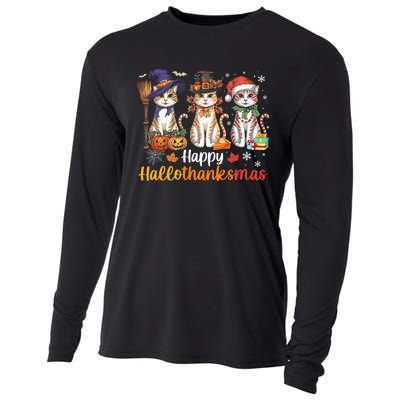 Happy Hallothanksmas Cats Halloween Thanksgiving Christmas Cooling Performance Long Sleeve Crew