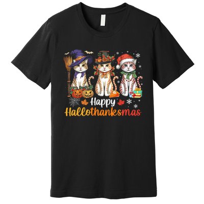 Happy Hallothanksmas Cats Halloween Thanksgiving Christmas Premium T-Shirt