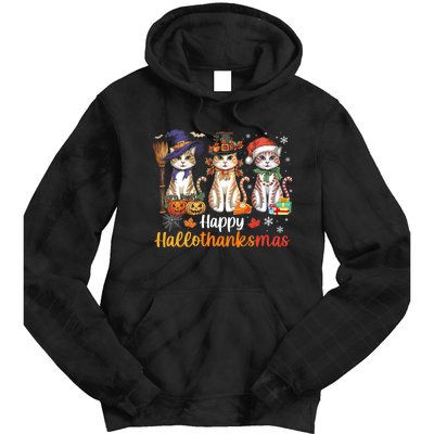 Happy Hallothanksmas Cats Halloween Thanksgiving Christmas Tie Dye Hoodie