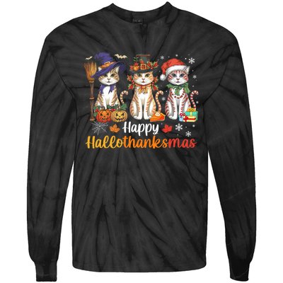 Happy Hallothanksmas Cats Halloween Thanksgiving Christmas Tie-Dye Long Sleeve Shirt