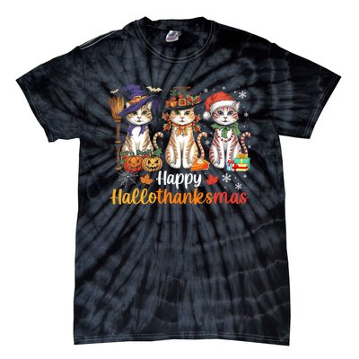 Happy Hallothanksmas Cats Halloween Thanksgiving Christmas Tie-Dye T-Shirt