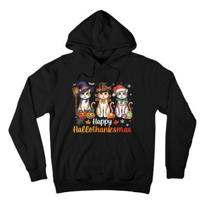 Happy Hallothanksmas Cats Halloween Thanksgiving Christmas Tall Hoodie