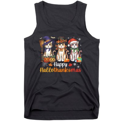 Happy Hallothanksmas Cats Halloween Thanksgiving Christmas Tank Top