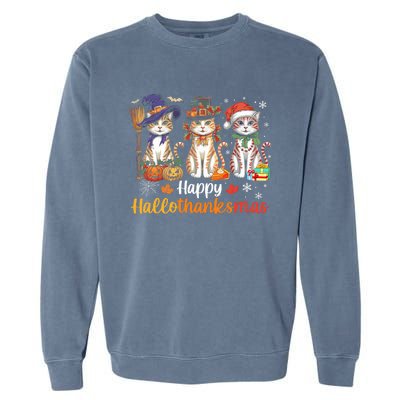 Happy Hallothanksmas Cats Halloween Thanksgiving Christmas Garment-Dyed Sweatshirt