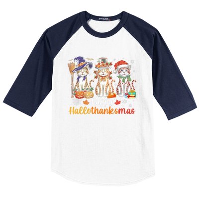 Happy Hallothanksmas Cats Halloween Thanksgiving Christmas Baseball Sleeve Shirt