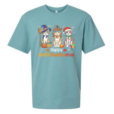 Happy Hallothanksmas Cats Halloween Thanksgiving Christmas Sueded Cloud Jersey T-Shirt