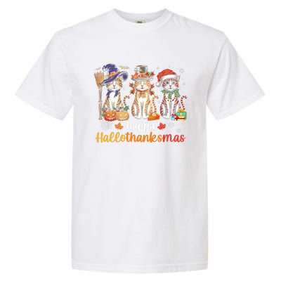 Happy Hallothanksmas Cats Halloween Thanksgiving Christmas Garment-Dyed Heavyweight T-Shirt