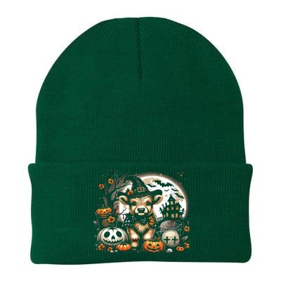 Halloween Highland Cow Print Witchy Cow Spooky Pumpkin Vneck Knit Cap Winter Beanie