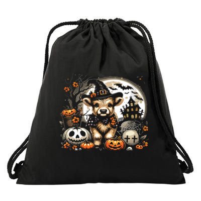 Halloween Highland Cow Print Witchy Cow Spooky Pumpkin Vneck Drawstring Bag