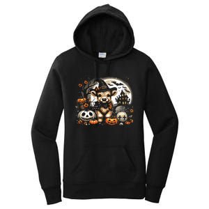 Halloween Highland Cow Print Witchy Cow Spooky Pumpkin Vneck Women's Pullover Hoodie